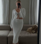 Cárdigan corto informal con aberturas y cordones para mujer, de punto, con falda sexy